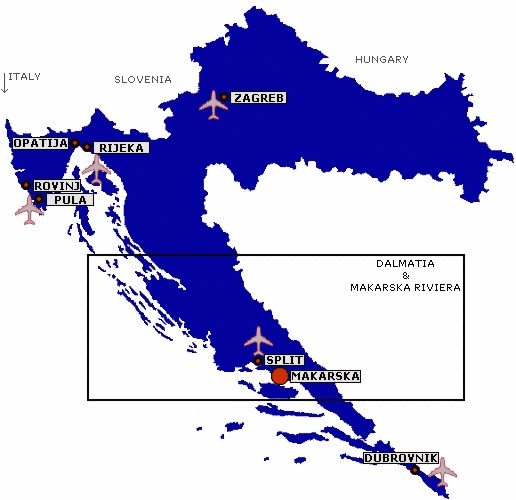 Аэропорты Хорватии, карта